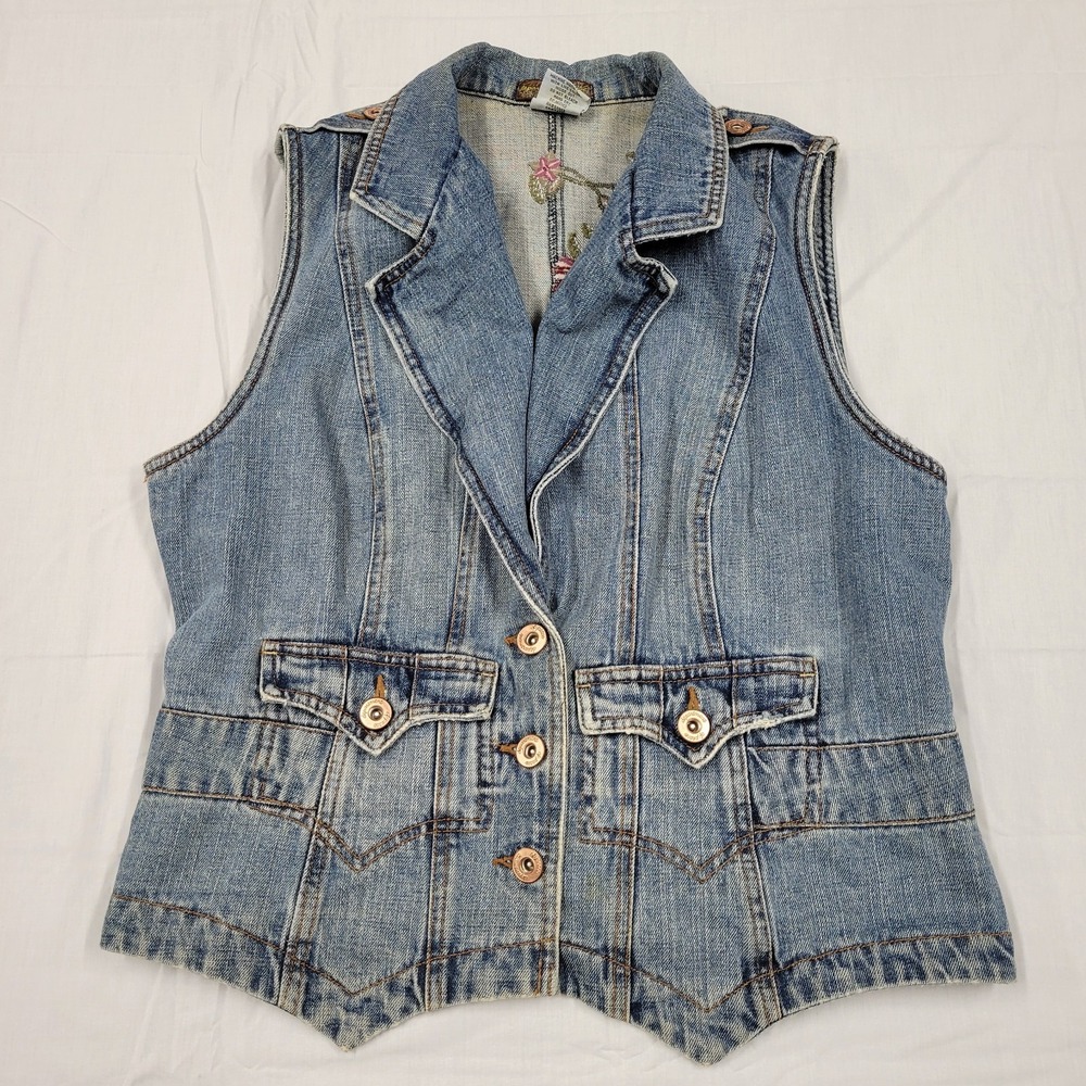 department of peace blue denim vest w/ embroidered‎ flowers on back size L
